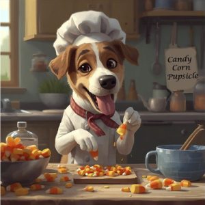 Dog in a chef's hat making candy corn treats