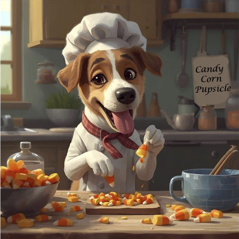 Dog in a chef's hat making candy corn treats